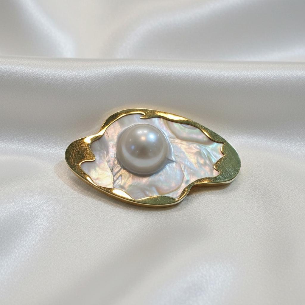 18k Gold Mabe Pearl Brooch, Mother of Pearl Accent, Handmade One-of-a-Kind Accessory (DV K-06)