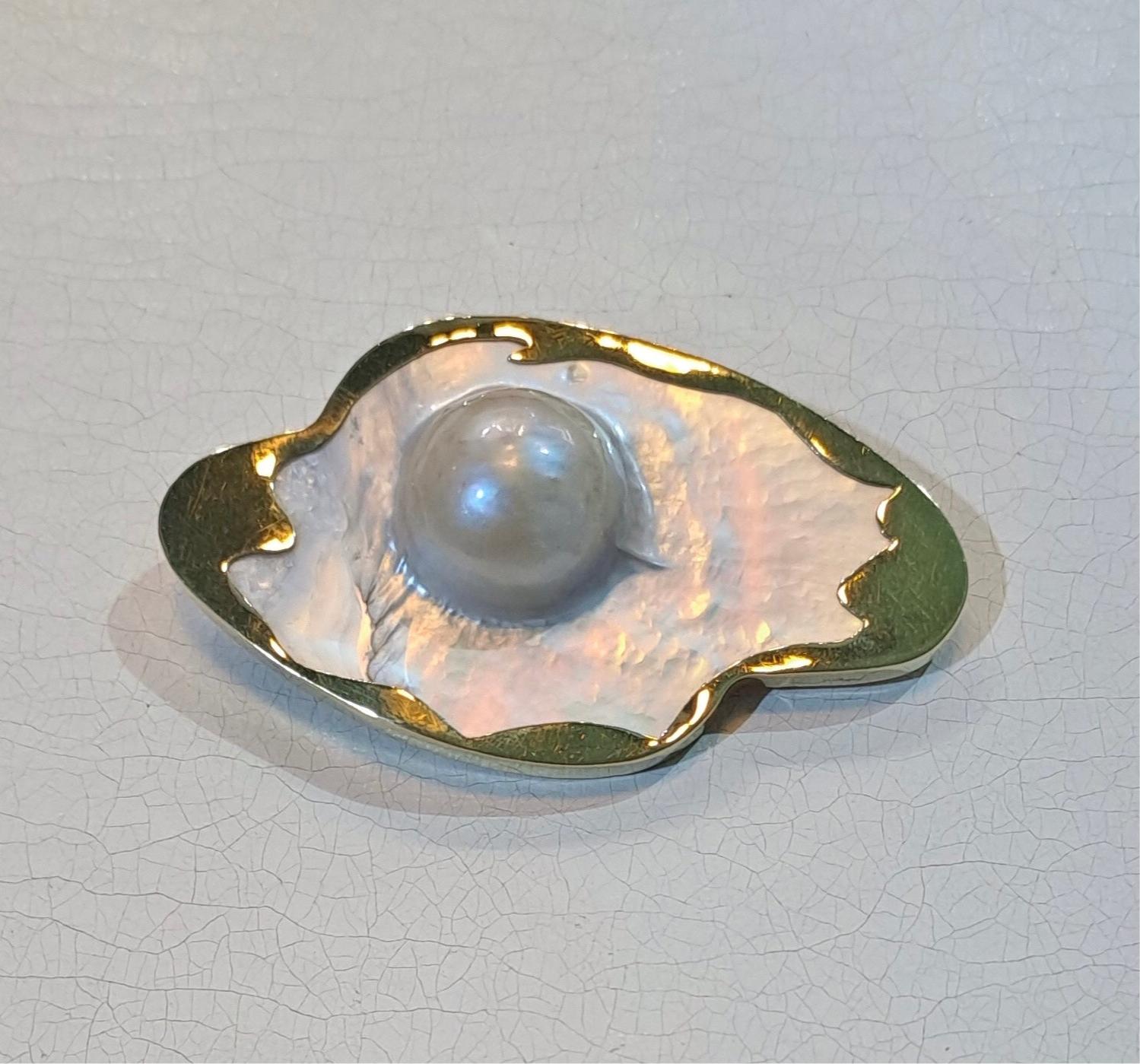 18k Gold Mabe Pearl Brooch, Mother of Pearl Accent, Handmade One-of-a-Kind Accessory (DV K-06)