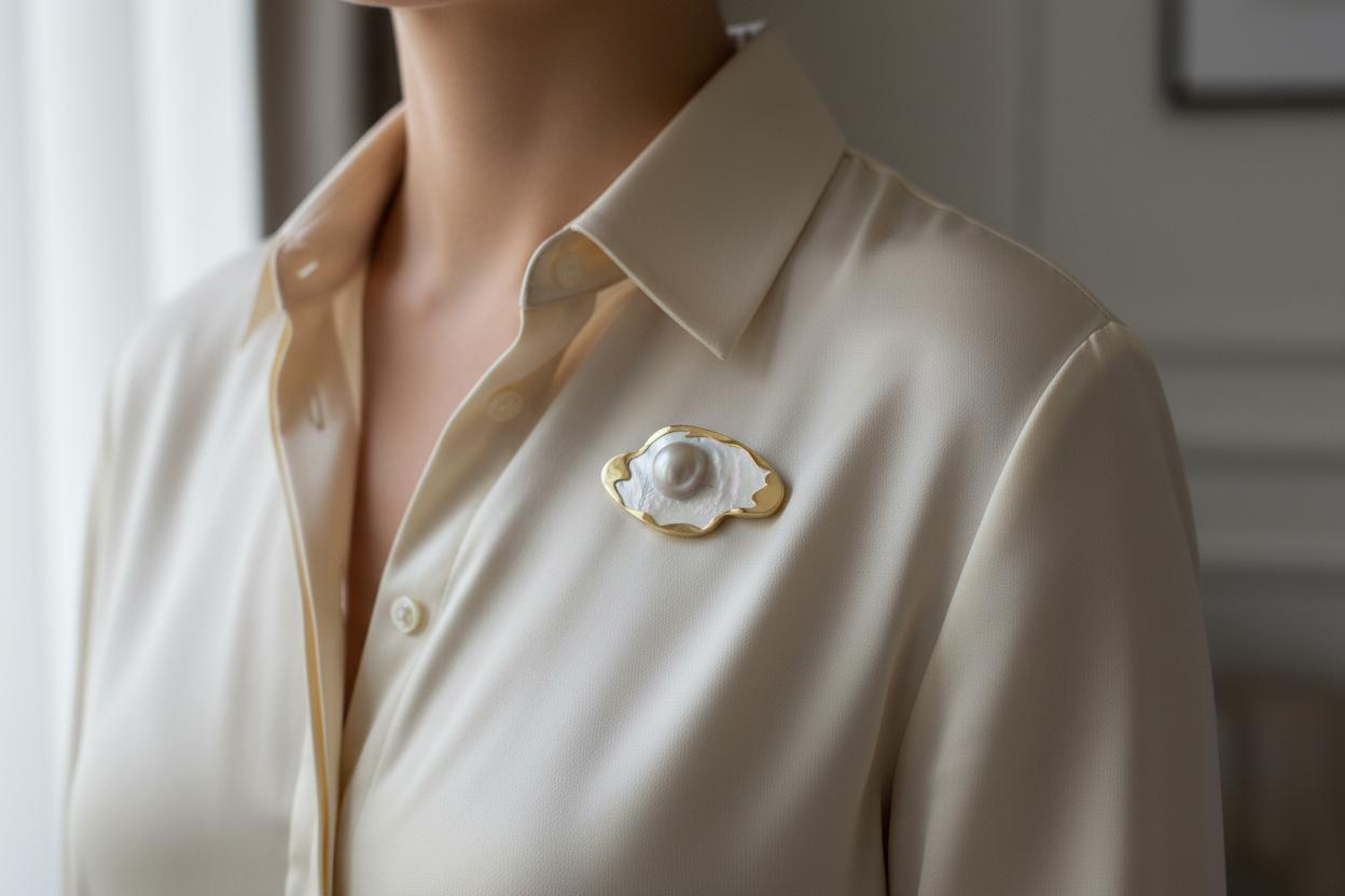 18k Gold Mabe Pearl Brooch, Mother of Pearl Accent, Handmade One-of-a-Kind Accessory (DV K-06)