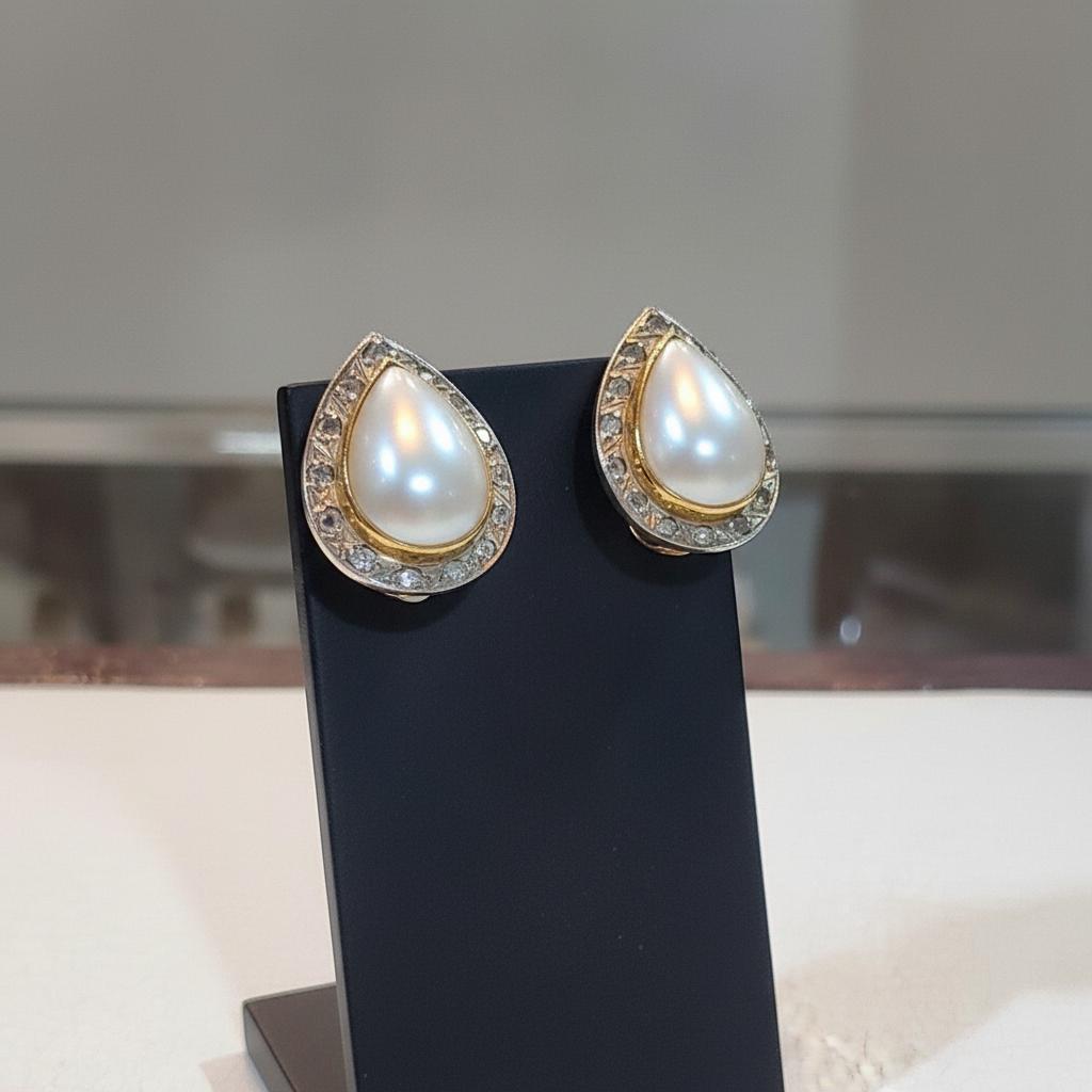 18k Gold Mabe Pearl Diamond Earrings, White Yellow Gold, Clip/Pierced (DV AG-22)