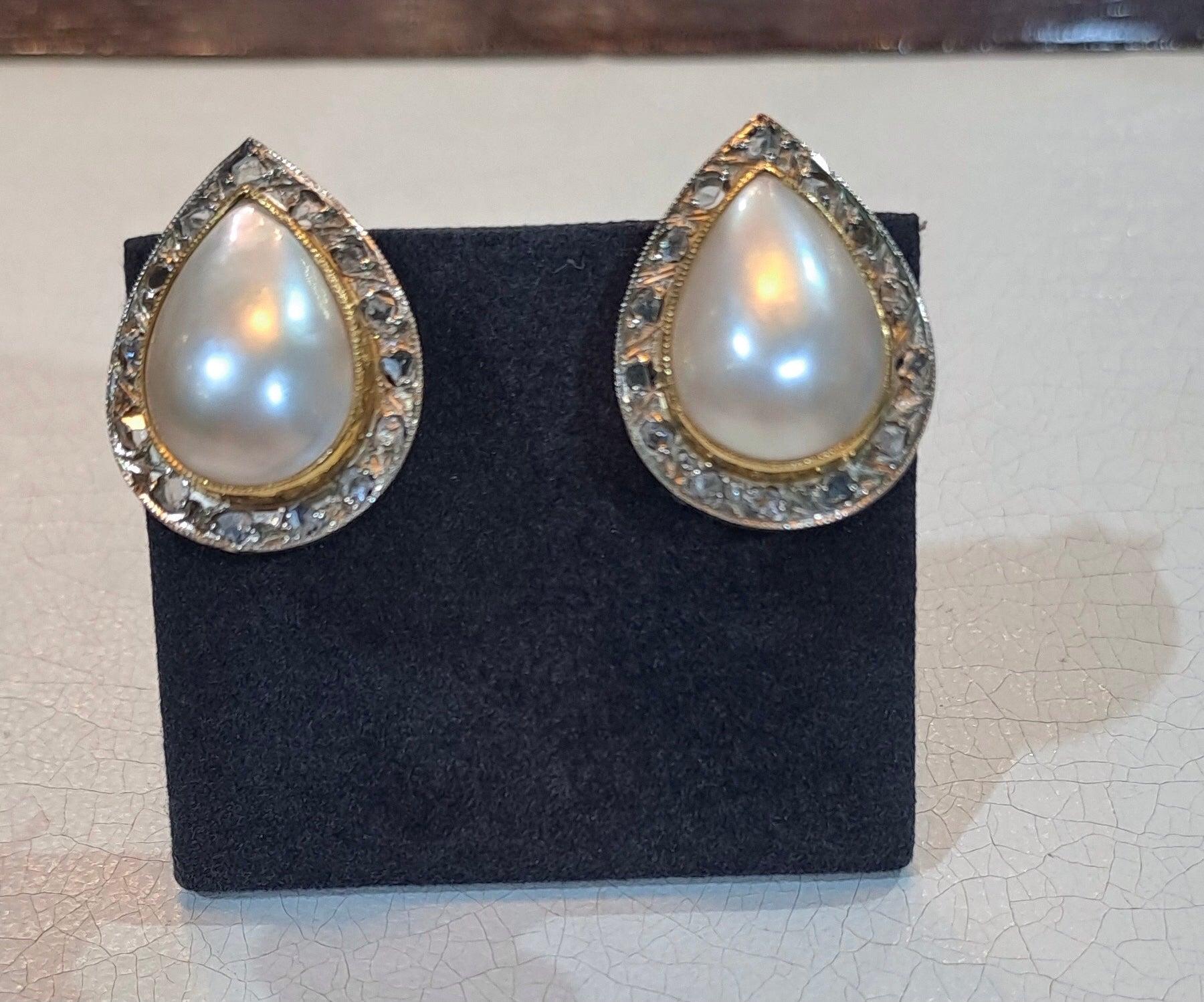 18k Gold Mabe Pearl Diamond Earrings, White Yellow Gold, Clip/Pierced (DV AG-22)