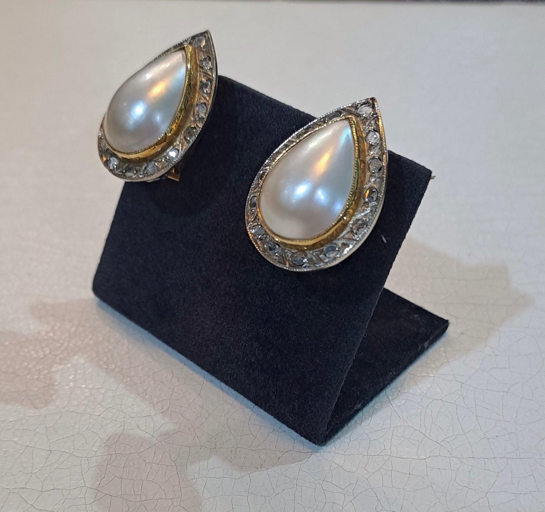 18k Gold Mabe Pearl Diamond Earrings, White Yellow Gold, Clip/Pierced (DV AG-22)