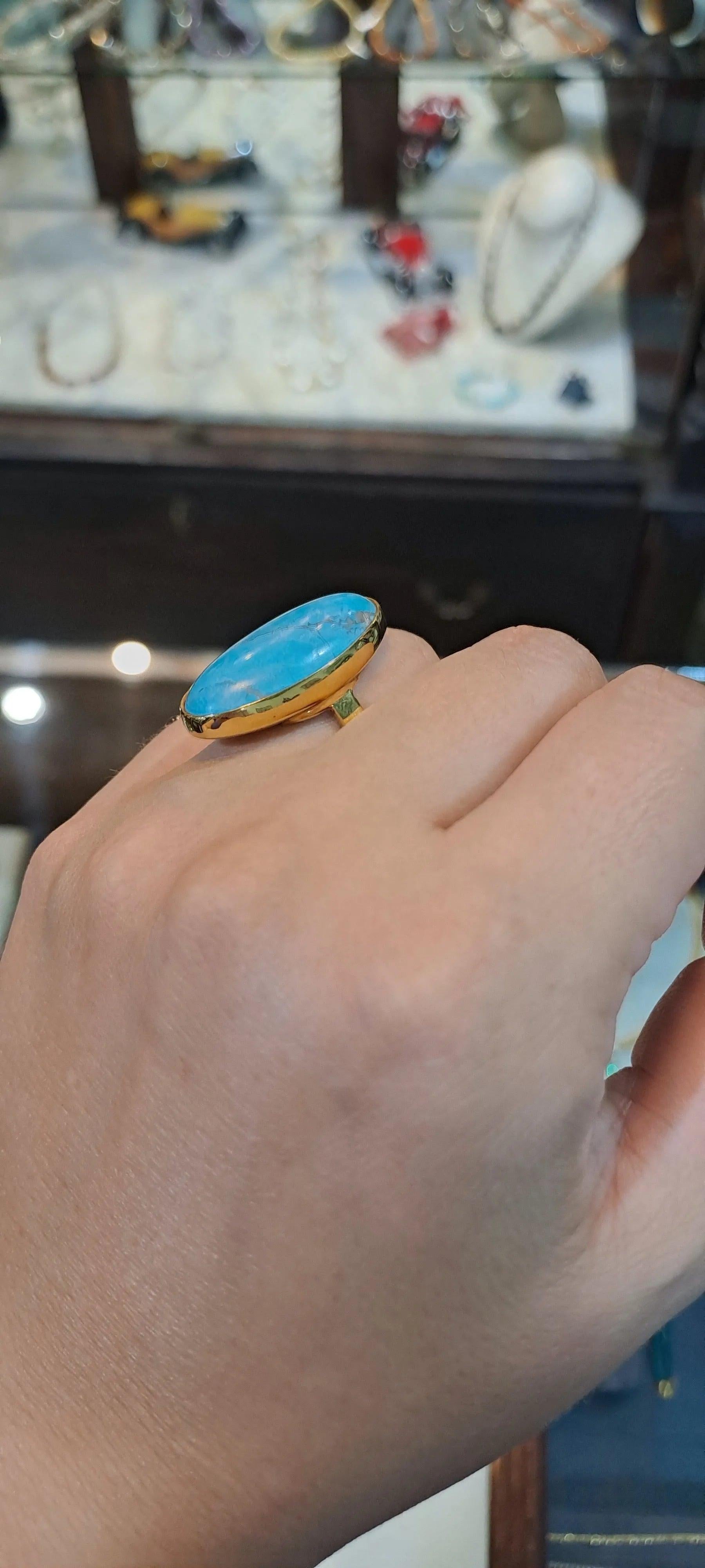 18k Gold Oval Arizona Turquoise Ring, Handmade Greek Jewelry (DV B-78)