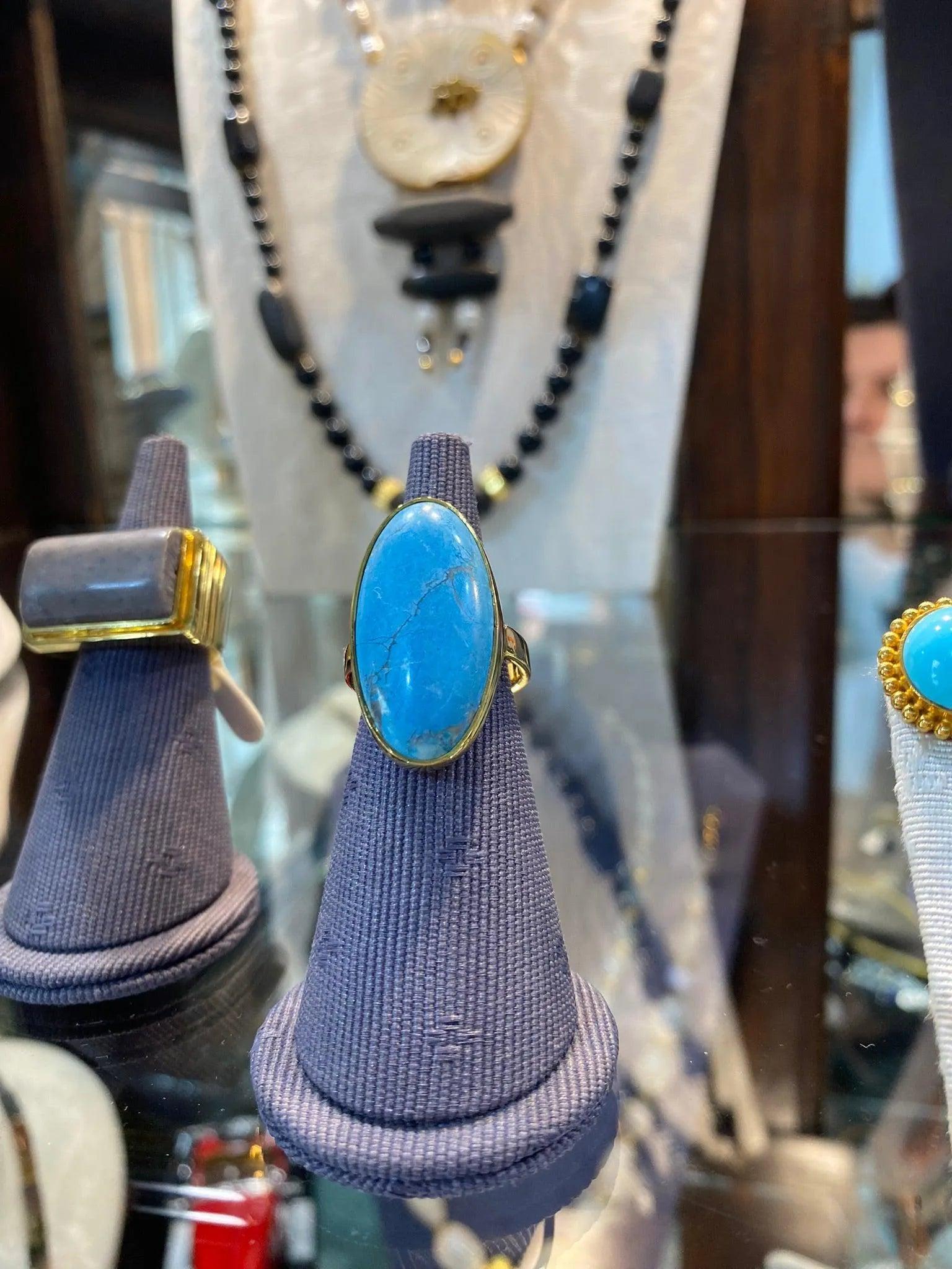 18k Gold Oval Arizona Turquoise Ring, Handmade Greek Jewelry (DV B-78)