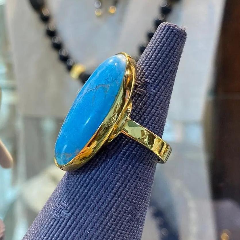 18k Gold Oval Arizona Turquoise Ring, Handmade Greek Jewelry (DV B-78)