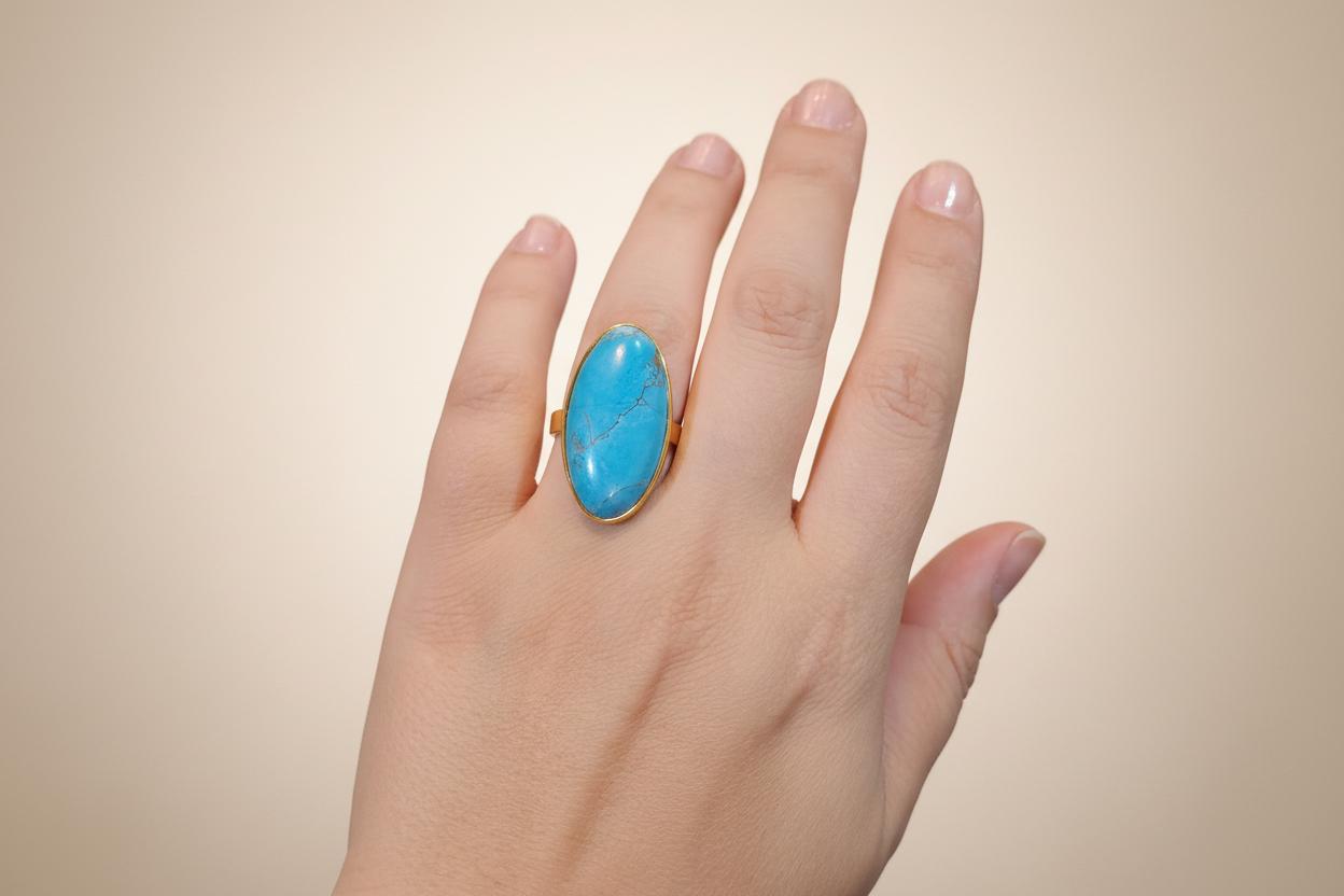 18k Gold Oval Arizona Turquoise Ring, Handmade Greek Jewelry (DV B-78)