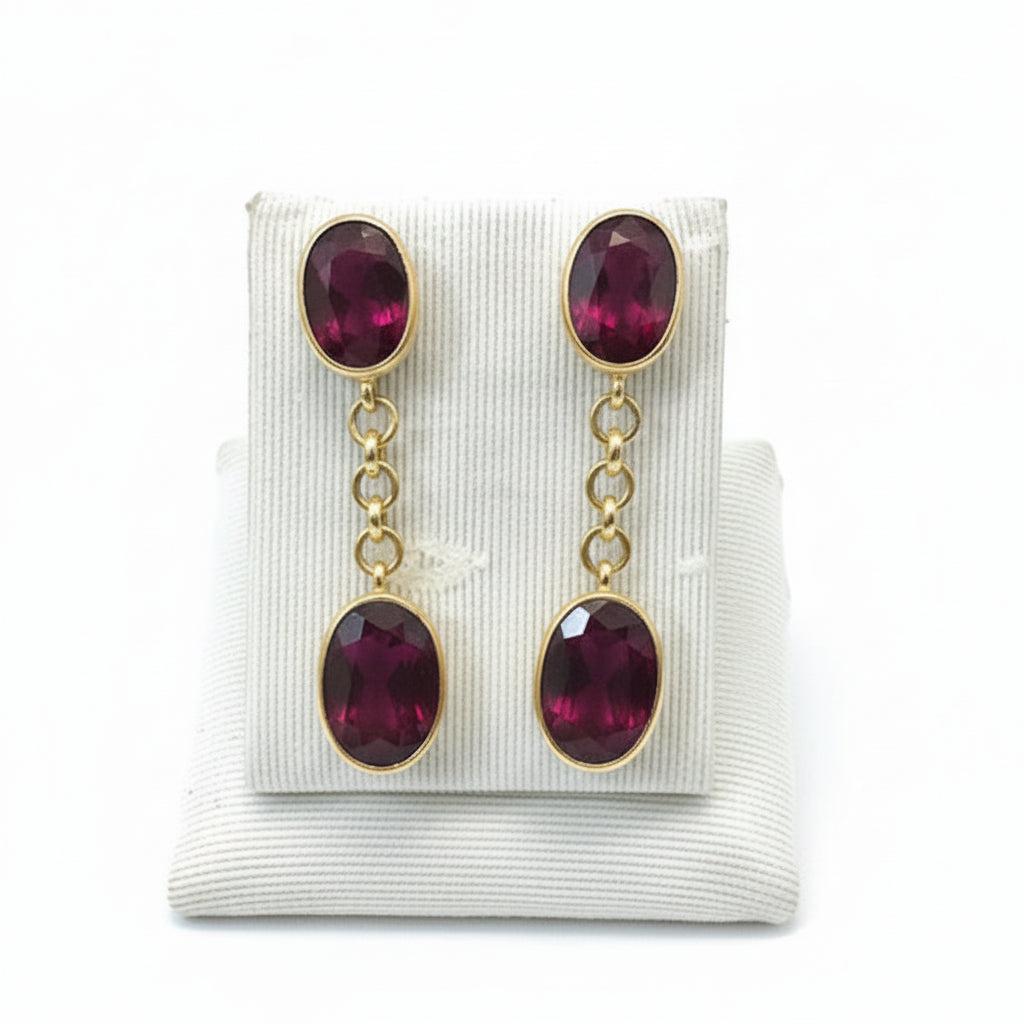 18k Gold Oval Ruby Cabochon Earrings, Handmade Greek Jewelry (DV AG-13)
