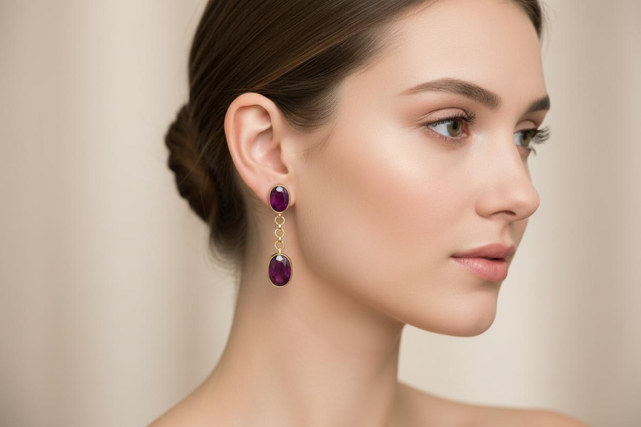 18k Gold Oval Ruby Cabochon Earrings, Handmade Greek Jewelry (DV AG-13)