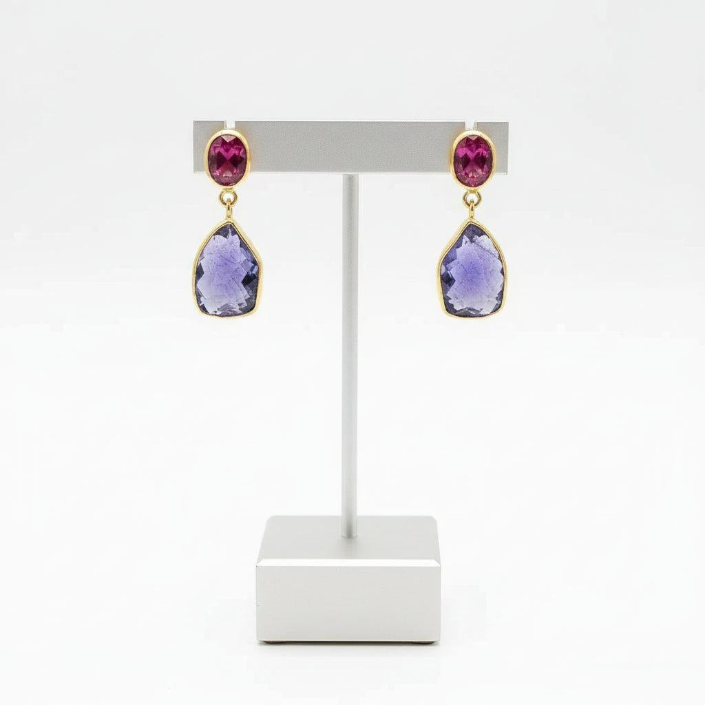 18k Gold Tanzanite Pink Tourmaline Fancy Cut Earrings, Handmade Greek Jewelry (DV AG-14)