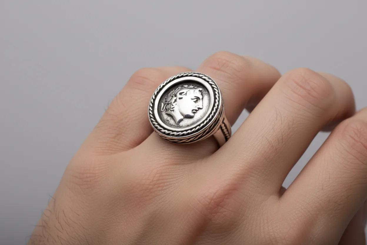 Alexander the Great Portrait Coin Ring in Sterling Silver (DT-114)