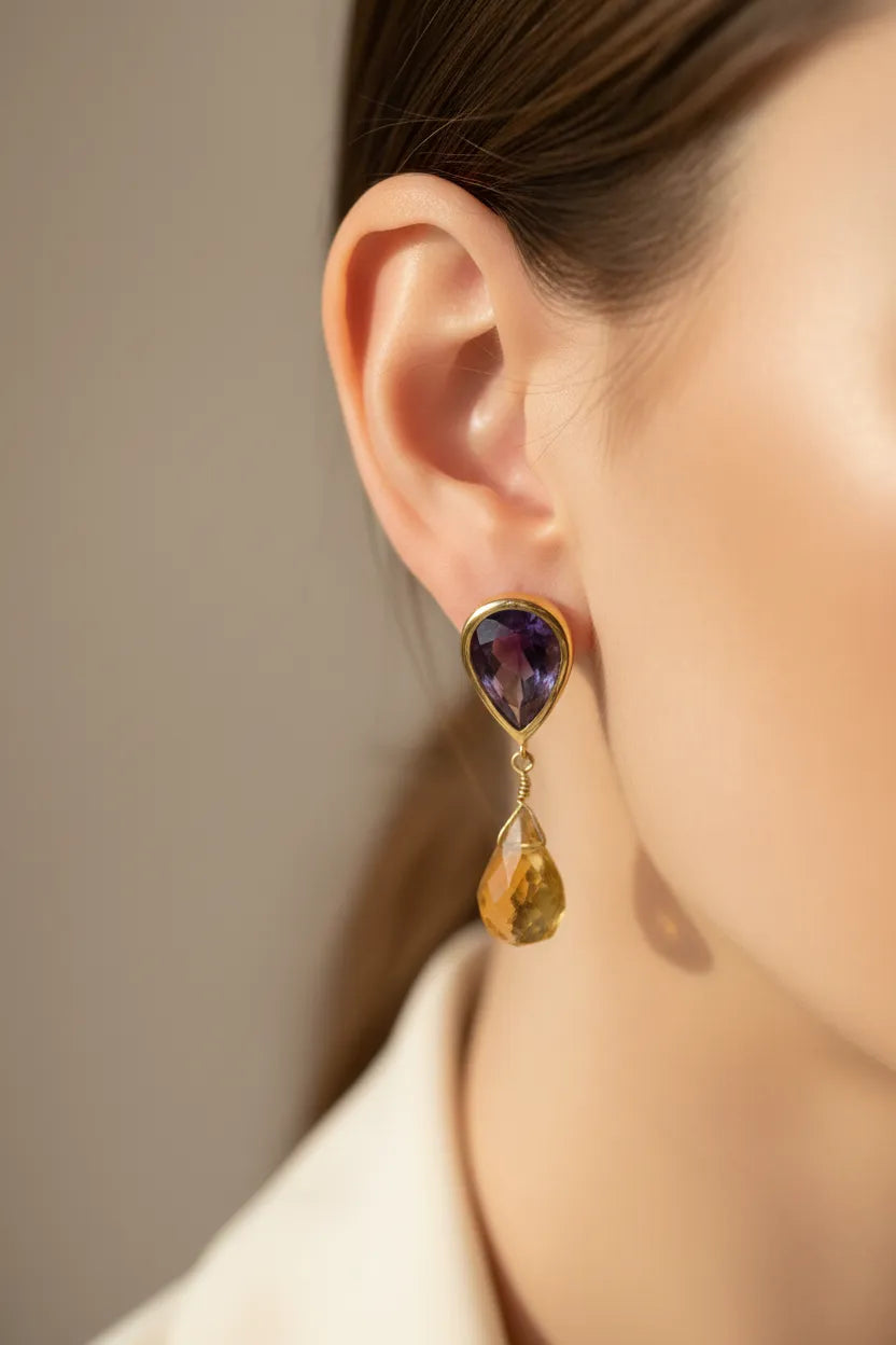 Amethyst & Citrine 18k gold earrings, one of a kind, Fine earrings, Handmade earrings, Greek Jewelry