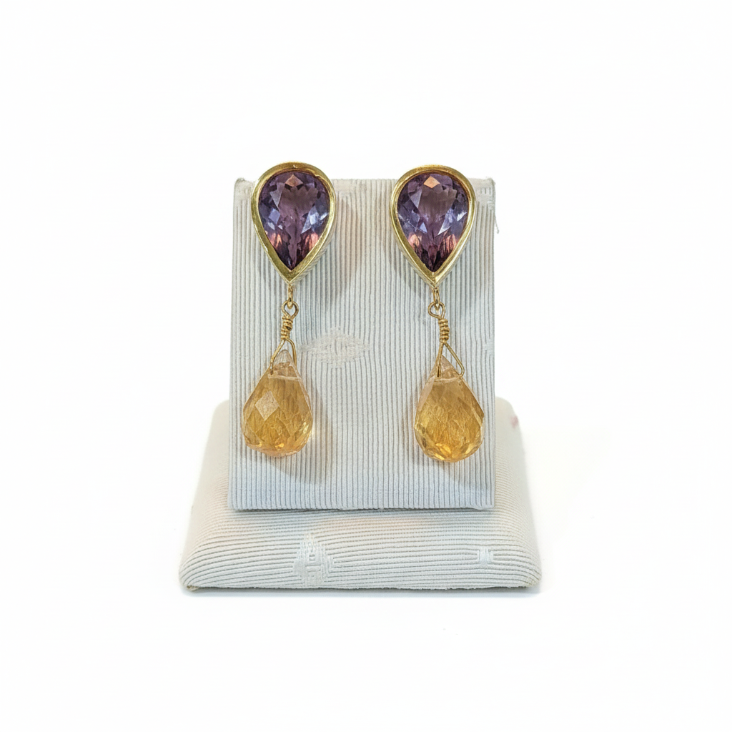 Amethyst & Citrine 18k gold earrings, one of a kind, Fine earrings, Handmade earrings, Greek Jewelry