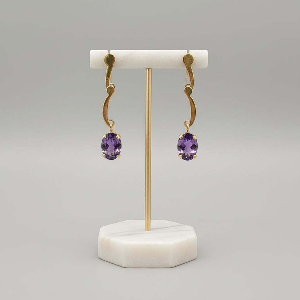 Amethyst oval faceted cutaneous 18k gold earrings, one of a kind, Fine earrings, Handmade earrings, Greek Jewelry