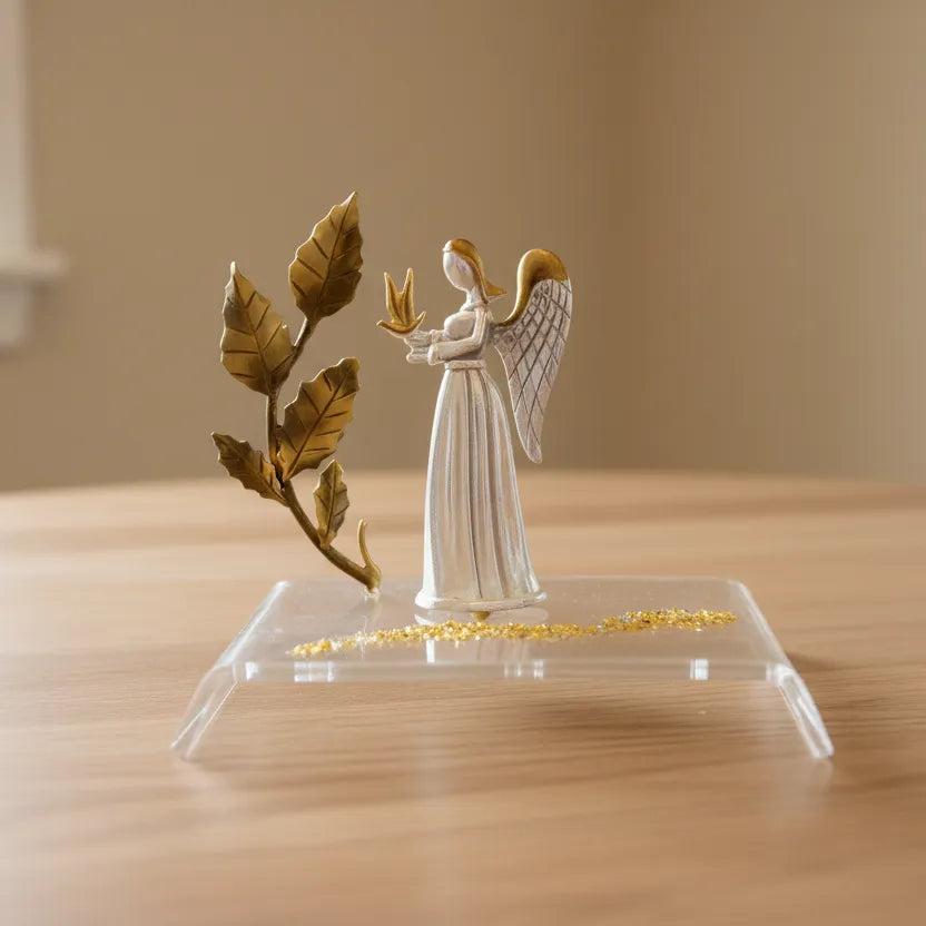 Angel Charm on plexiglass, silver charm with bronze leaves, home decor, gift idea, charm favor (PX-10)