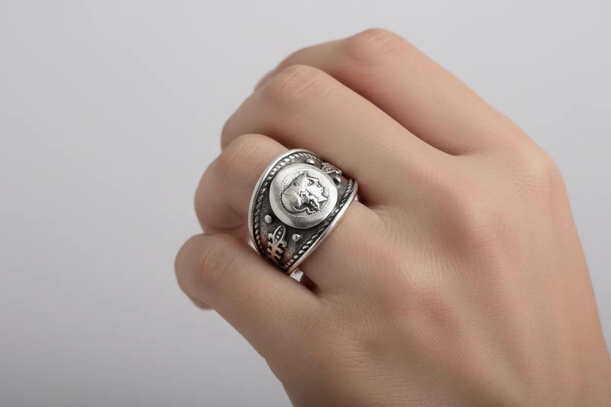 Athena Goddess Coin Ring, Greek Drachma Coin ring, Handmade Ring, Sterling Silver Ring (DT-107)
