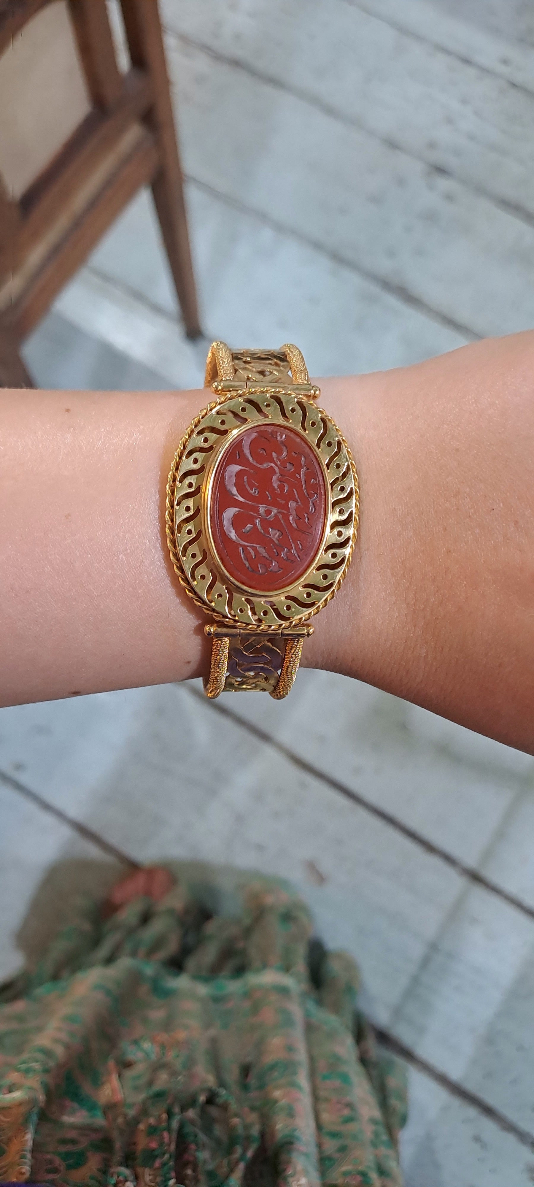 Bracelet in Gold 18k, perforated gold bracelet, handmade bracelet, with a seal stone carnelian - Dinos-Virginia