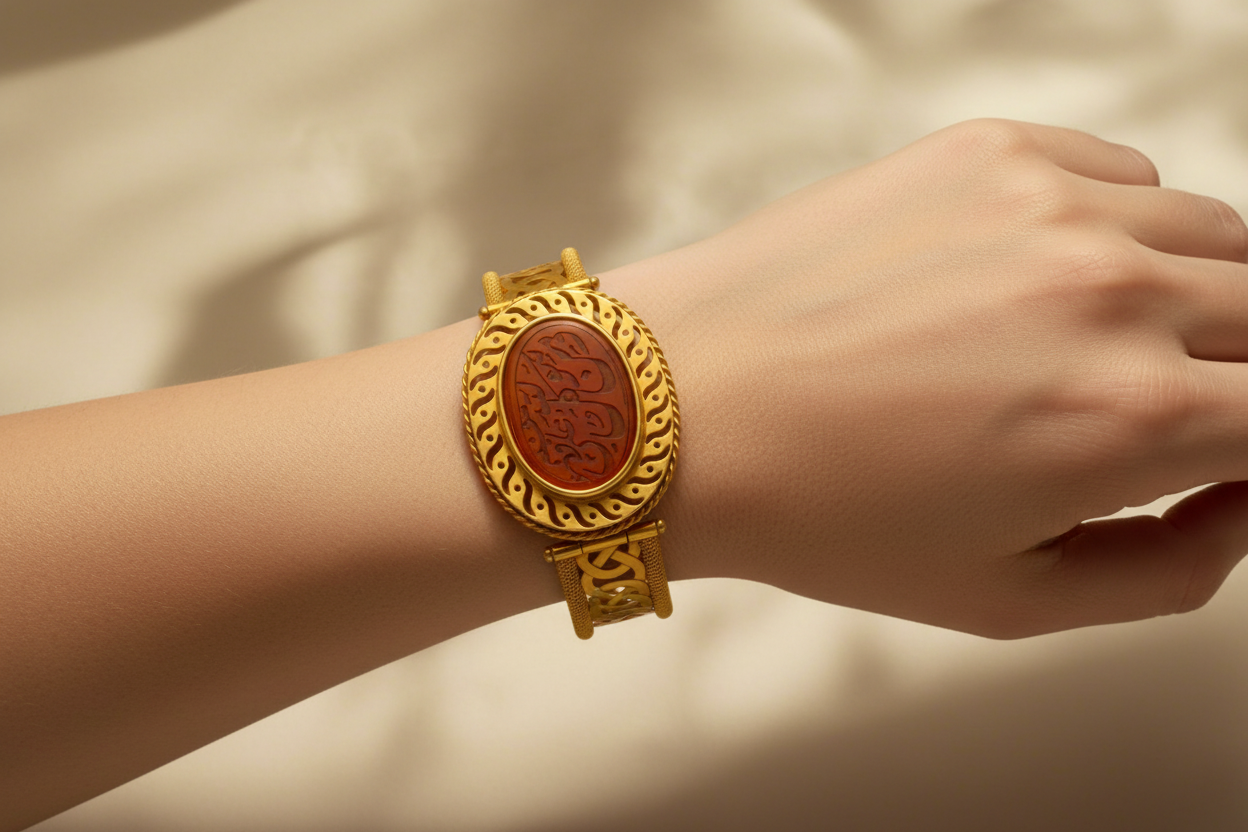 Bracelet in Gold 18k, perforated gold bracelet, handmade bracelet, with a seal stone carnelian