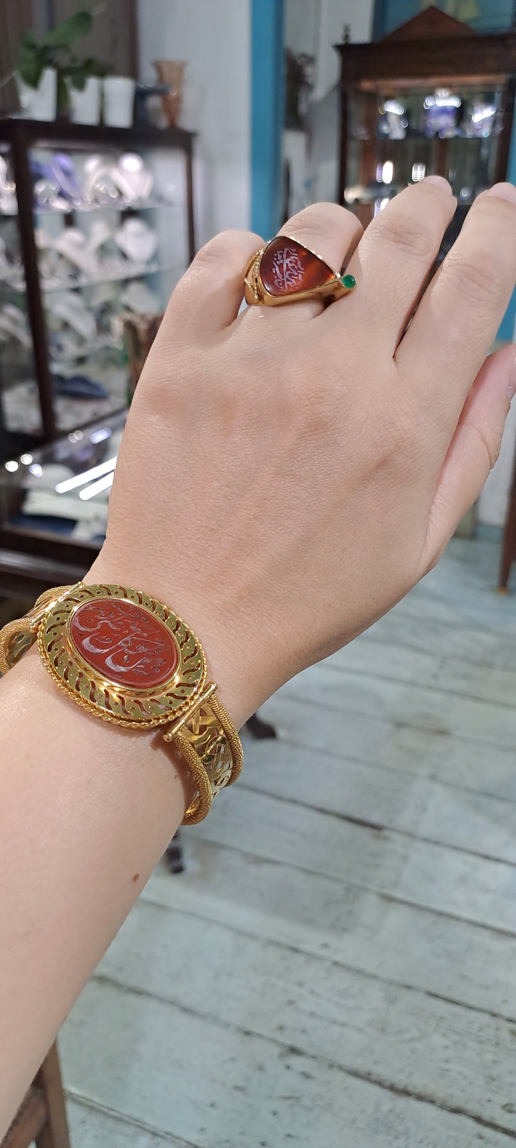 Bracelet in Gold 18k, perforated gold bracelet, handmade bracelet, with a seal stone carnelian - Dinos-Virginia