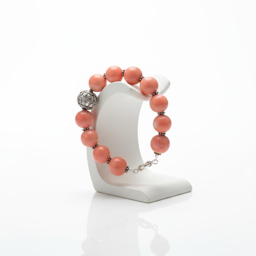 Bracelet with Pink Coral Stones (Angel Skin) and Silver Elements (C-04)