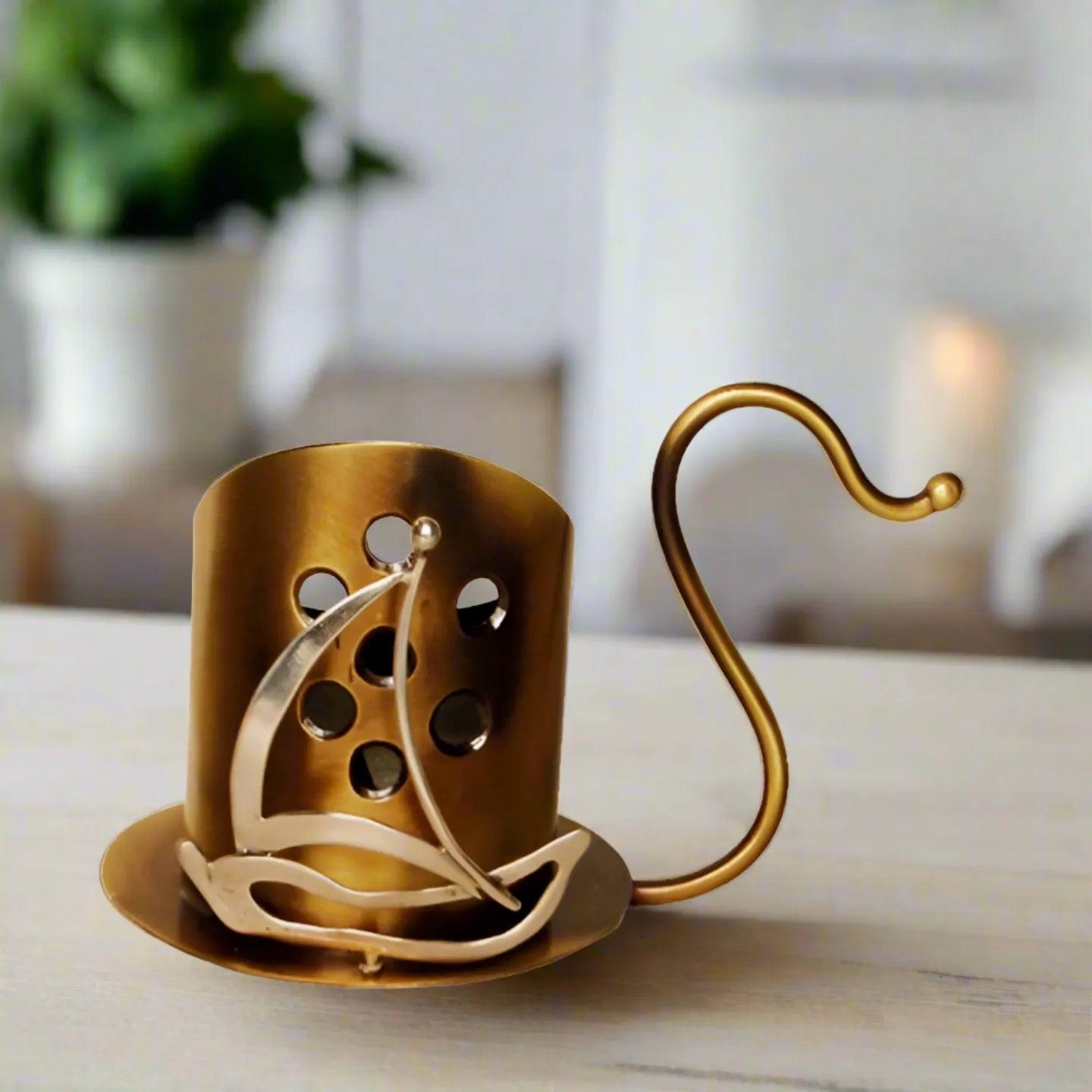 Bronze Candleholder with Greek Traditional Sterling Silver Sailboat (KU-03)