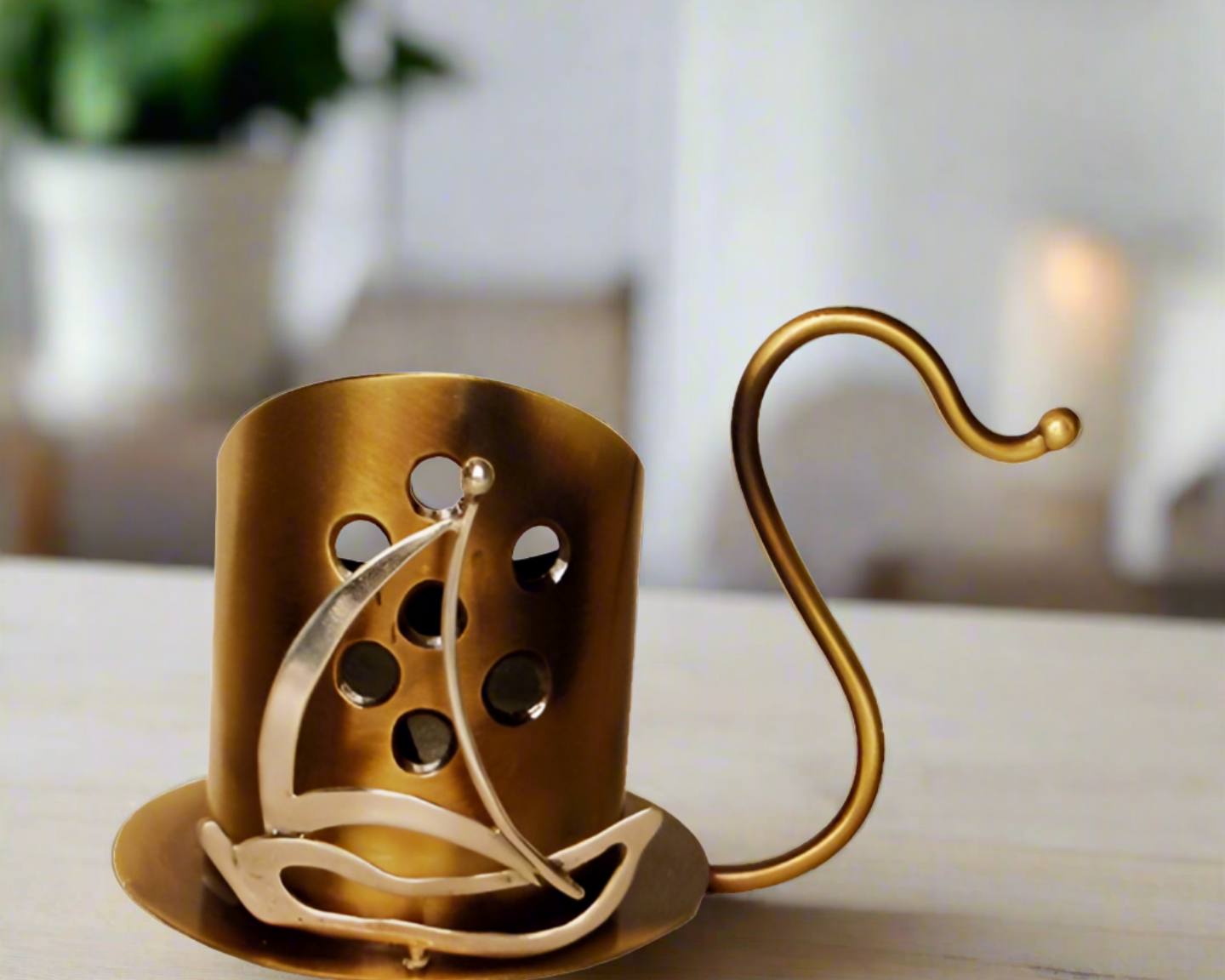 Bronze Candleholder with Greek Traditional Sterling Silver Sailboat (KU-03)