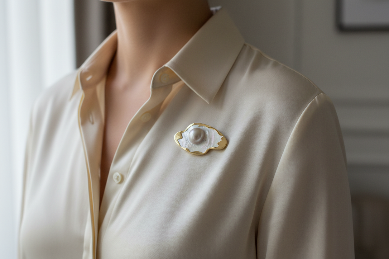 Brooch in 18k gold, Mabe pearl with a Mother of Pearl, centered in 18k gold, one of a kind, handmade