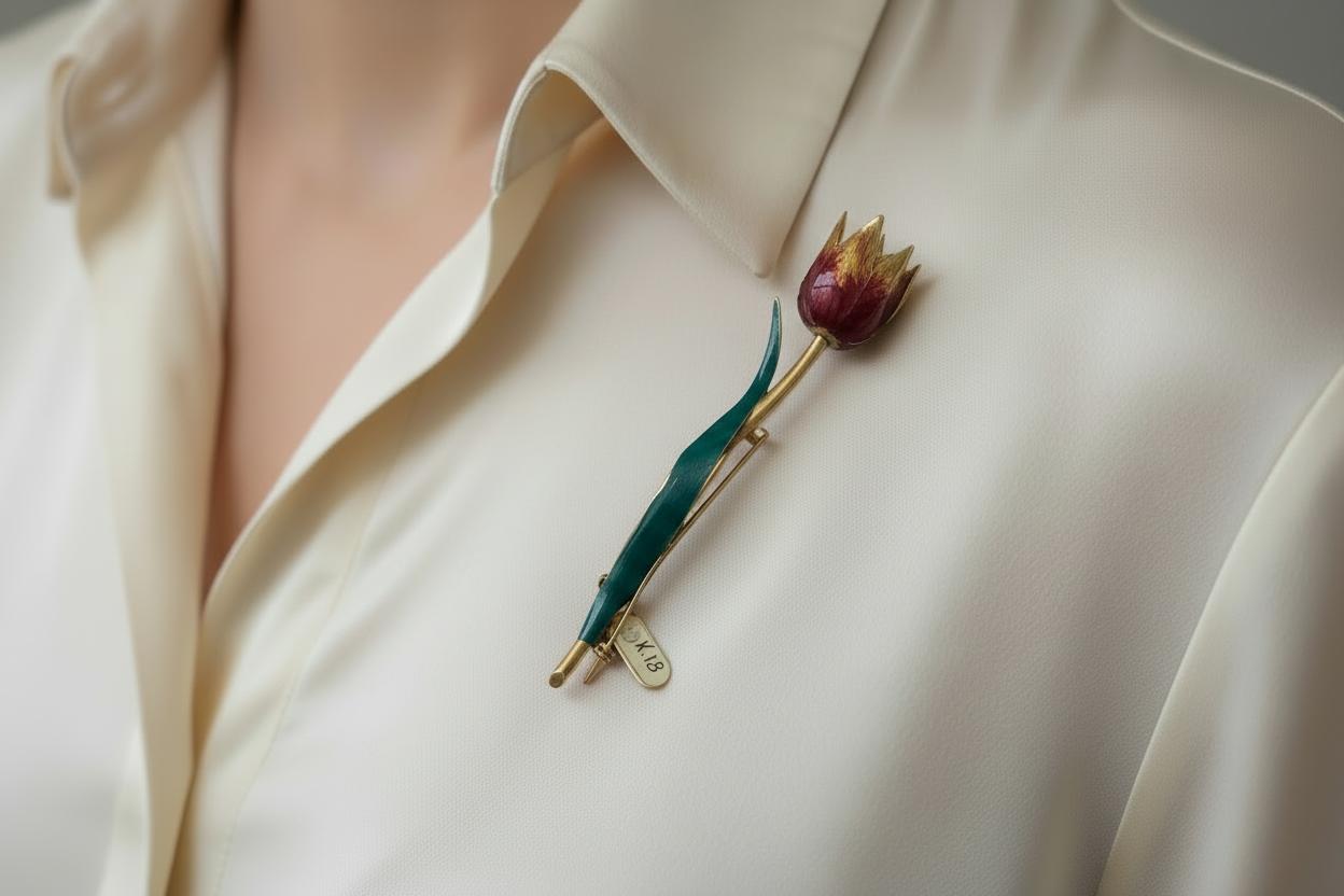 Brooch in 18k gold, tulip brooch, enamel hand painted