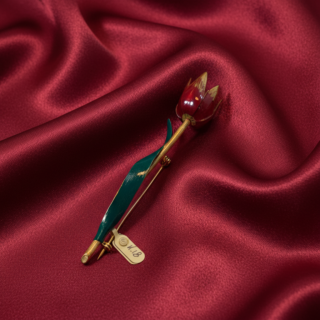 Brooch in 18k gold, tulip brooch, enamel hand painted