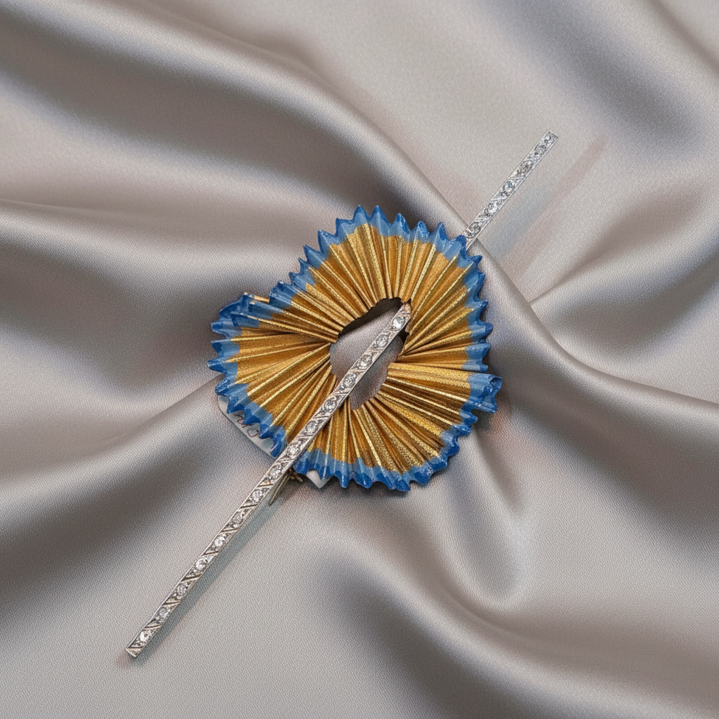 Brooch in 18k gold, white and yellow gold decorated with diamonds, pencil sharpener design brooch