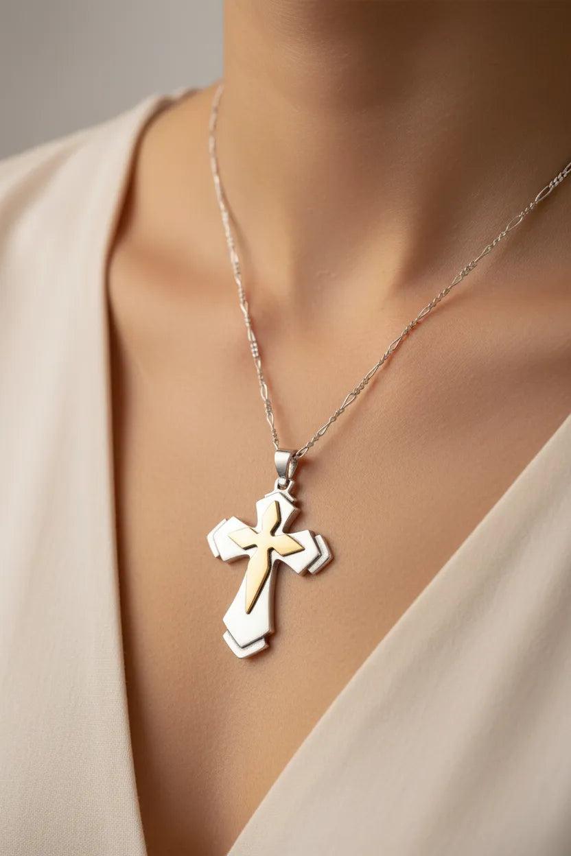 Christening Cross 925 Sterling Silver with 14k Gold Elements (STS-03)