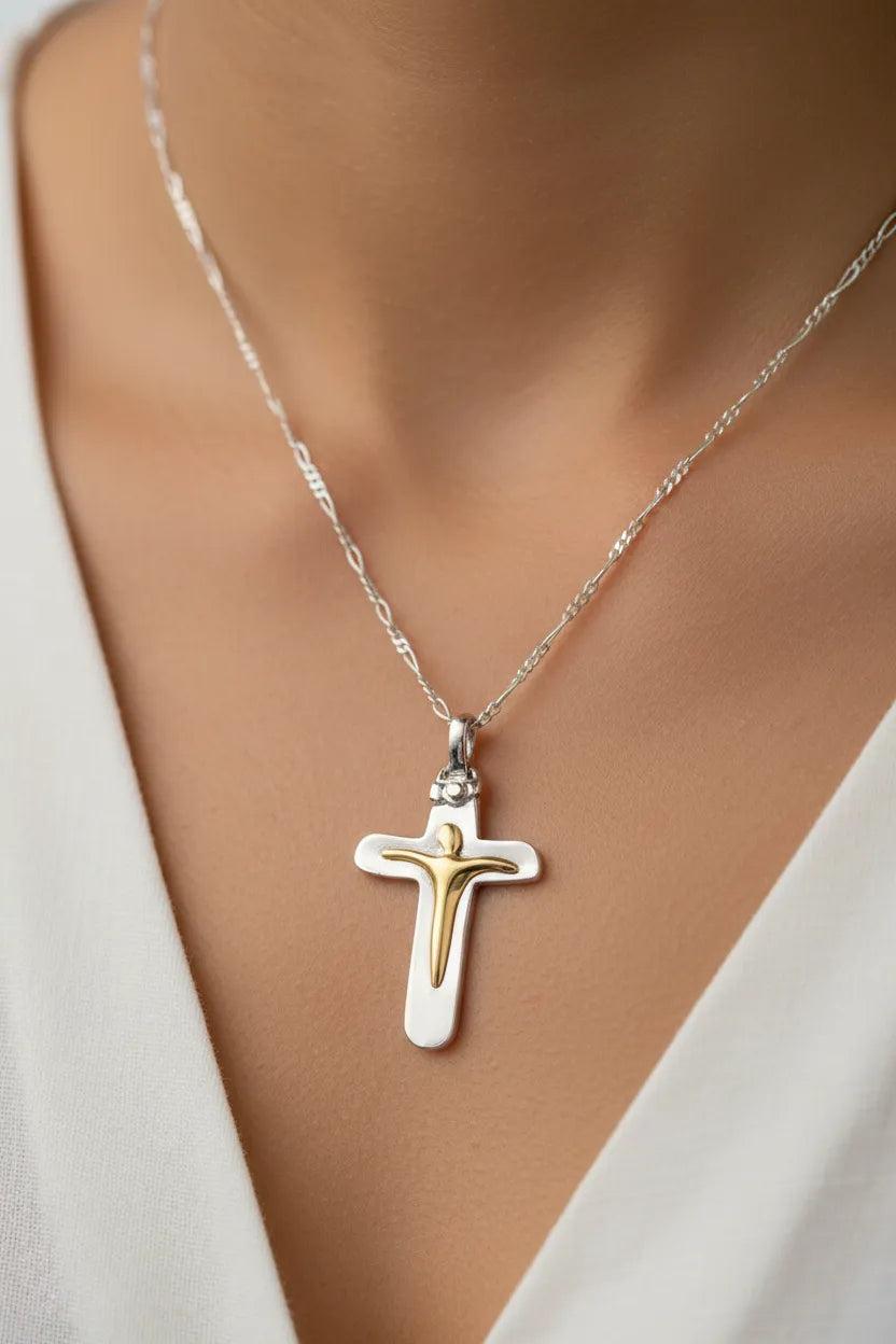 Christening Cross 925 Sterling Silver with 14k Gold Elements (STS-05)