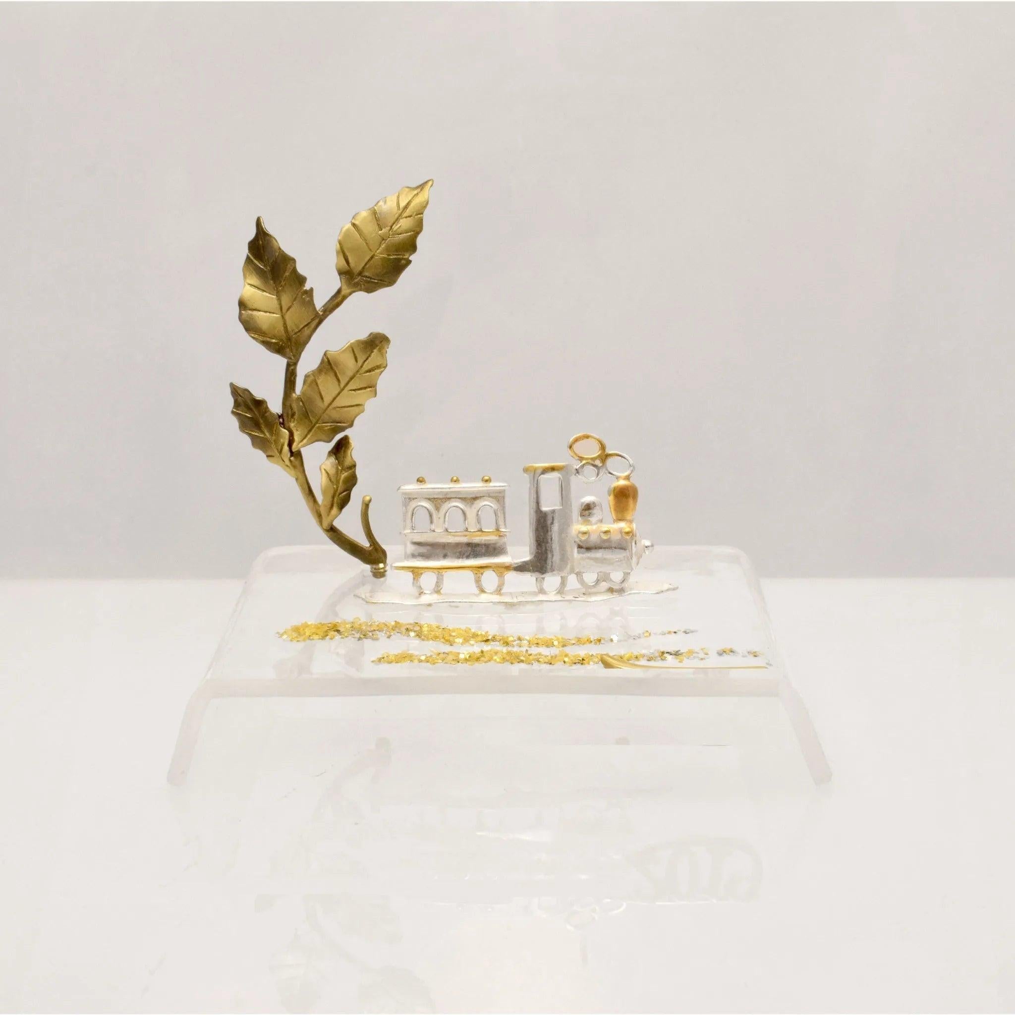 Christmas Decoration, Miniature Train Charm on plexiglass, silver charm with bronze leaves, home decor, gift idea, christening favor (PX-11)