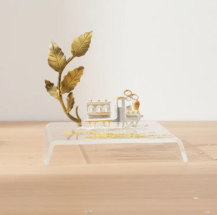 Christmas Decoration, Miniature Train Charm on plexiglass, silver charm with bronze leaves, home decor, gift idea, christening favor (PX-11)