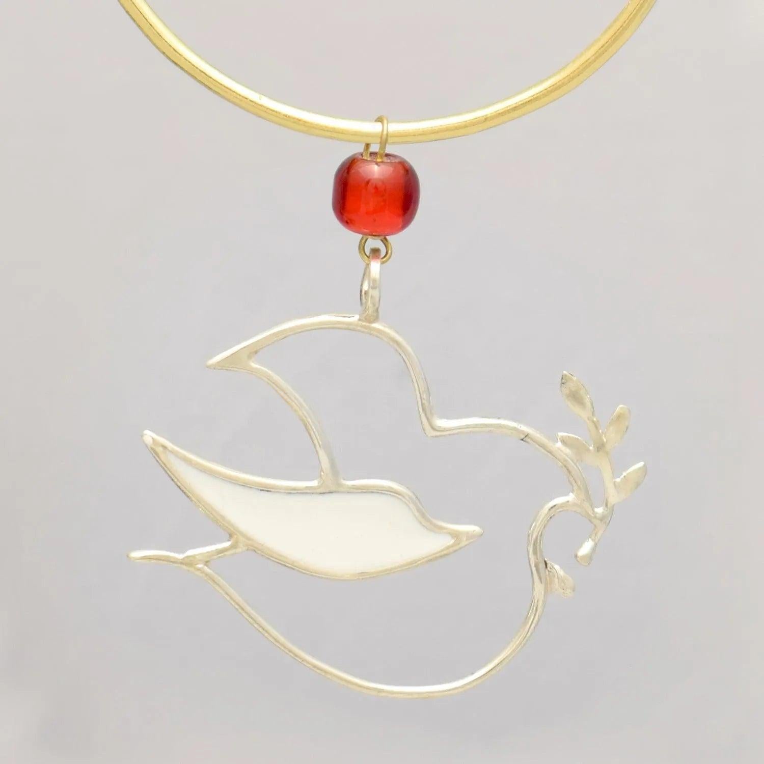 Christmas Decoration, Pigeon Charm on plexiglass, silver charm with bronze leaves, home decor, gift idea, charm favor (PX-06)