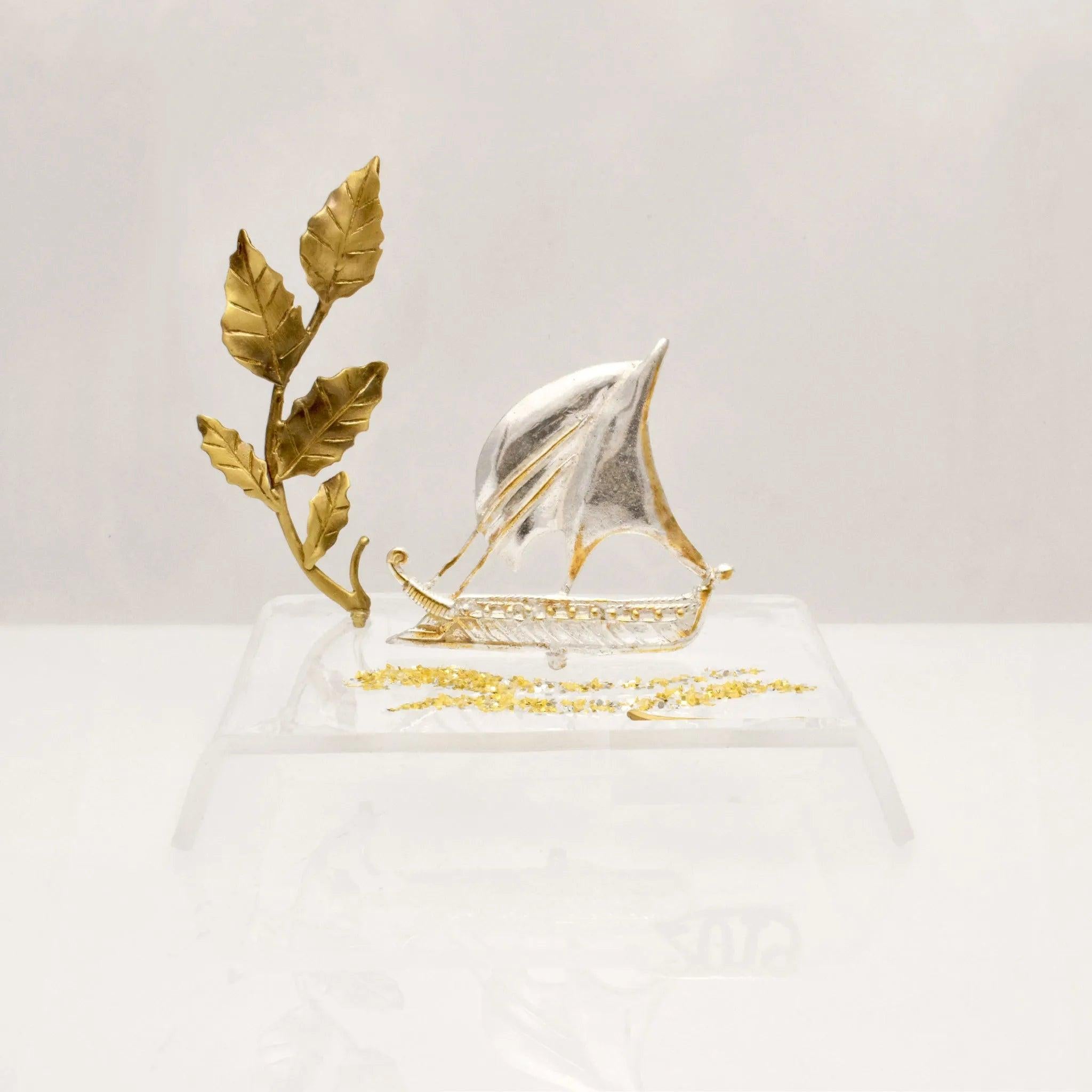 Christmas Decoration, Sailboat Charm on plexiglass, silver charm with bronze leaves, home decor, gift idea, charm favors (PX-12)
