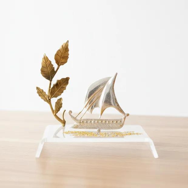 Christmas Decoration, Sailboat Charm on plexiglass, silver charm with bronze leaves, home decor, gift idea, charm favors (PX-12)