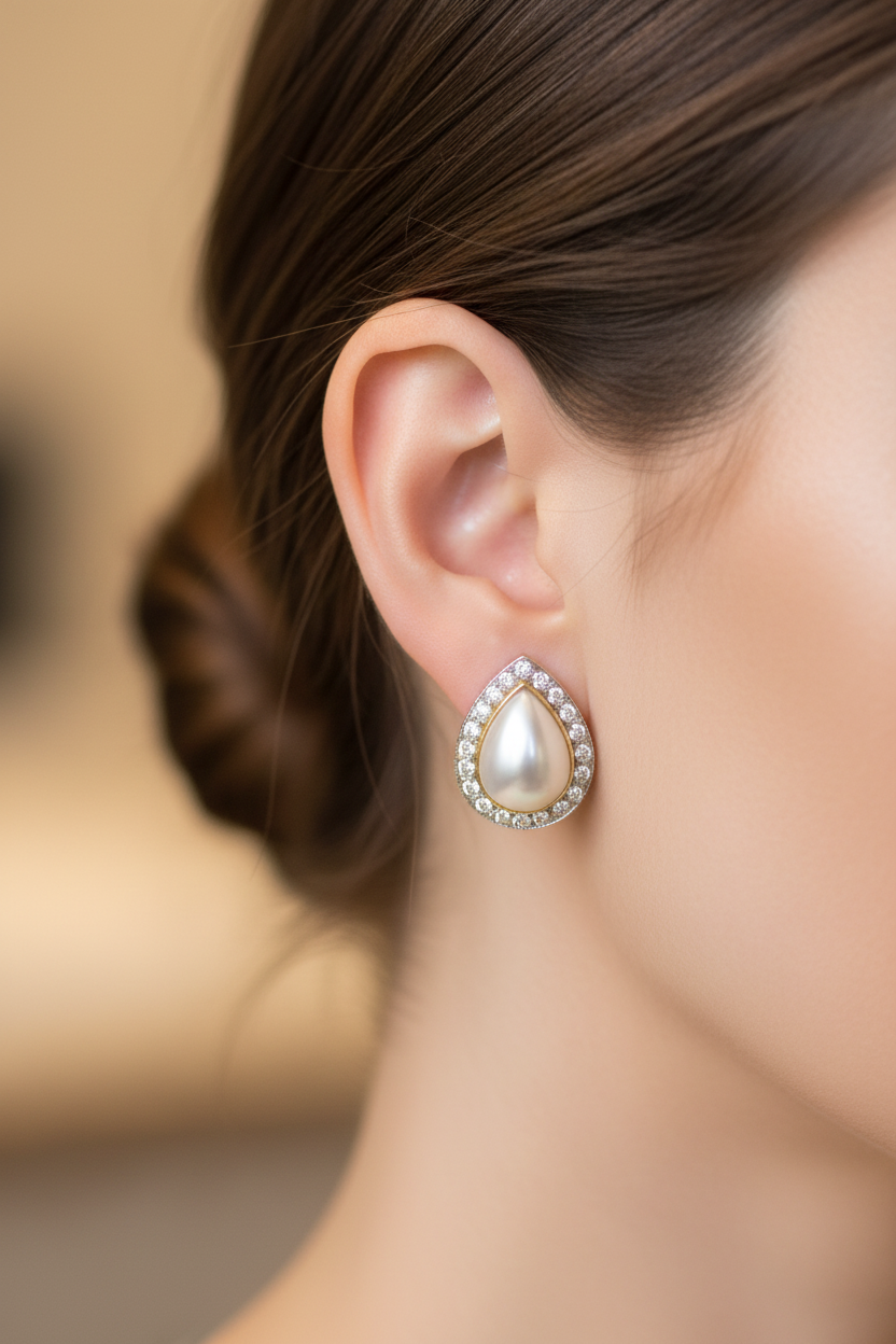 Earrings in 18k gold, white mabe pearl, white & yellow gold, round diamonds, with clip and pierced earrings