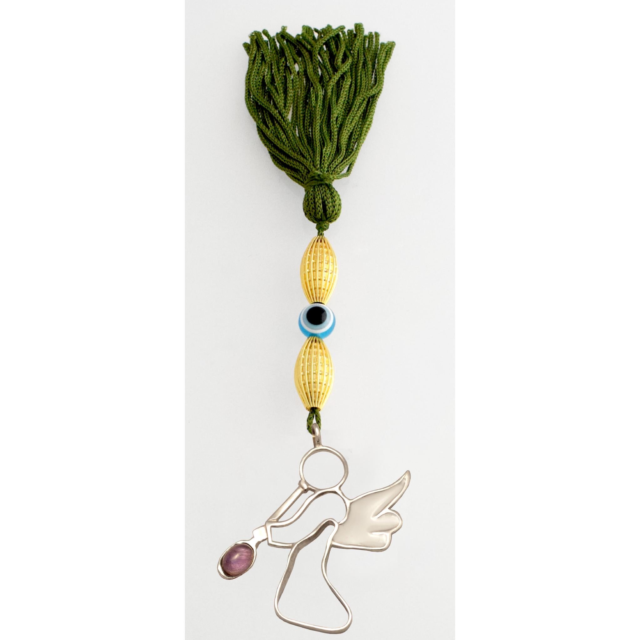 Evil Eye Charm on a tassel, House decoration, holiday decor, welcome gift, silver charm, Angel Charm