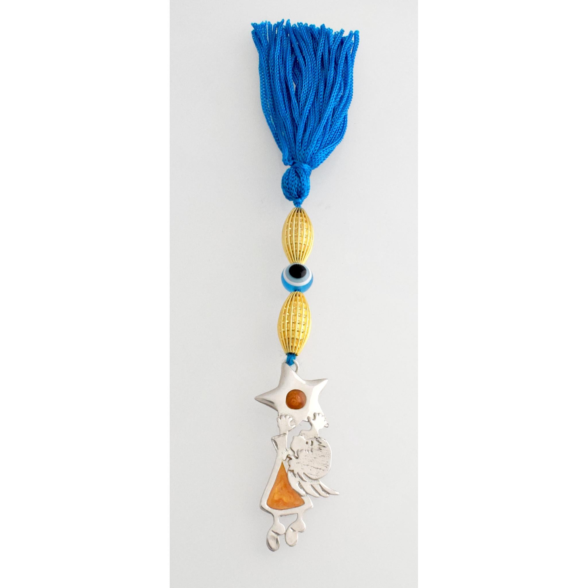 Evil Eye Charm on a tassel, House decoration, holiday decor, welcome gift, silver charm, Angel Charm (GK-11)