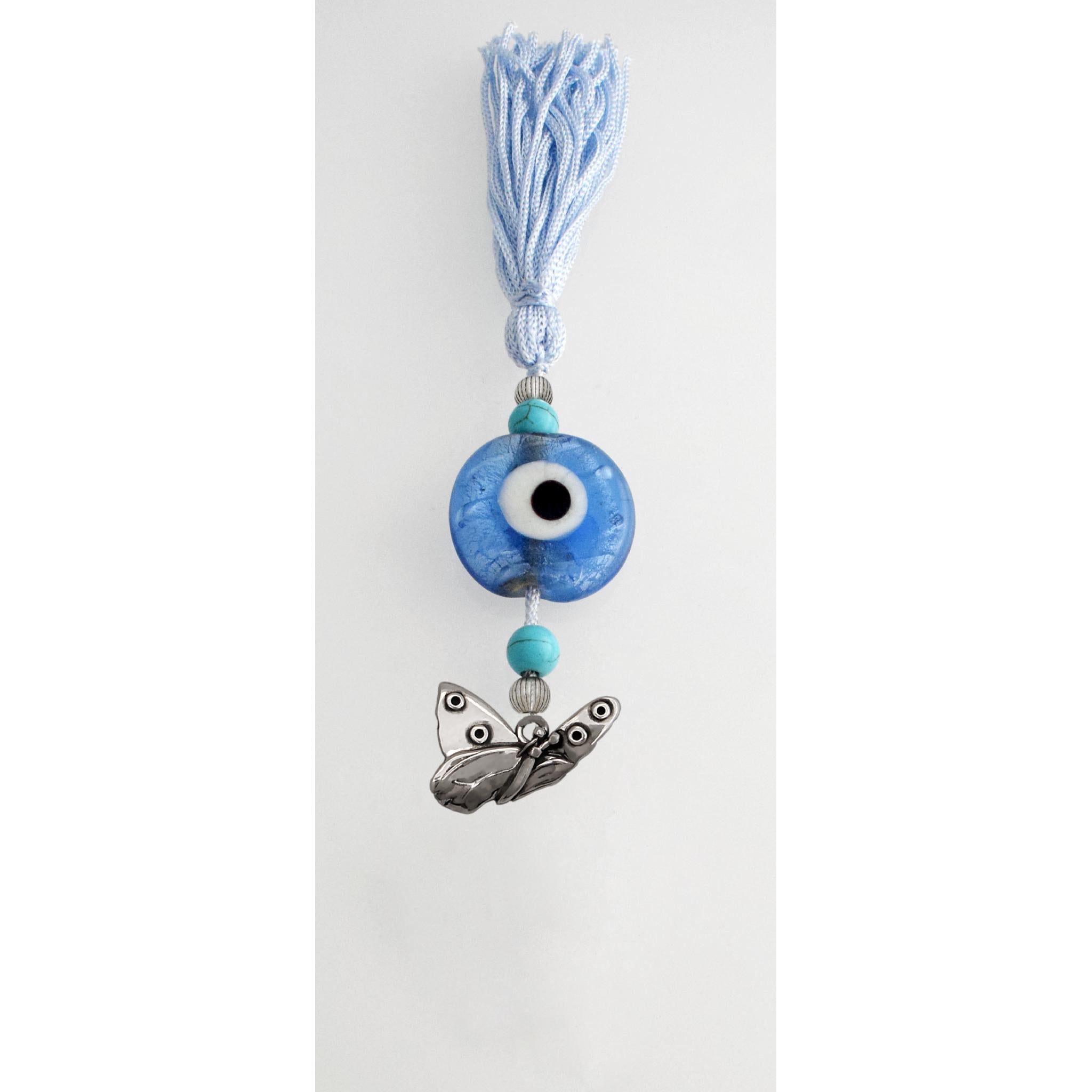 Evil Eye Charm on a tassel, House decoration, holiday decor, welcome gift, silver charm, Butterfly Charm