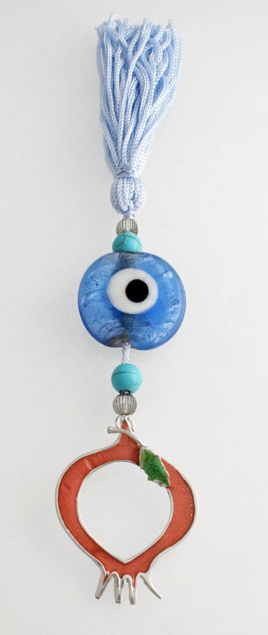 Evil Eye Charm on a tassel, House decoration, holiday decor, welcome gift, silver charm, Pomegranate Charm (GK-20)