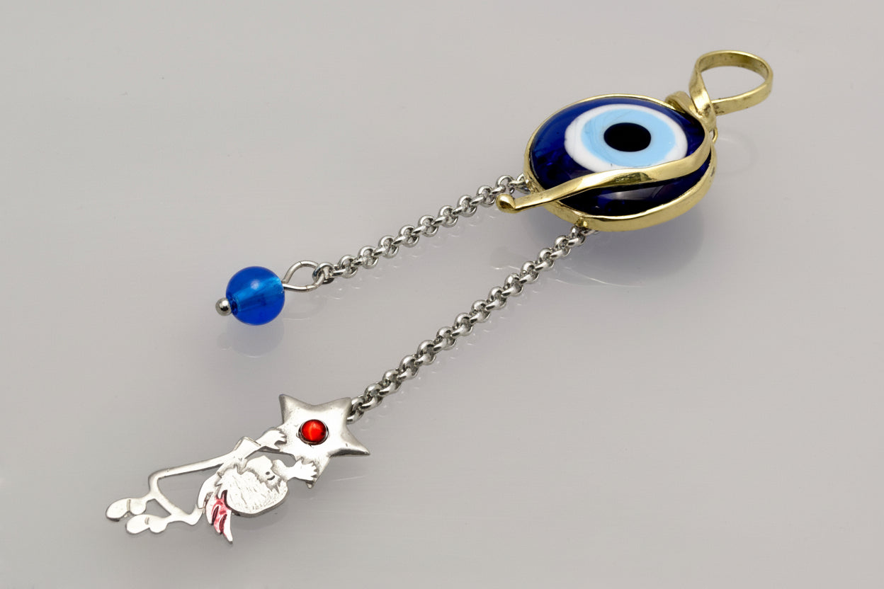 Evil eye protection stone with silver charm, Evil Eye Charm, home décor, gift, Wall Decor, silver charm, Angel Charm