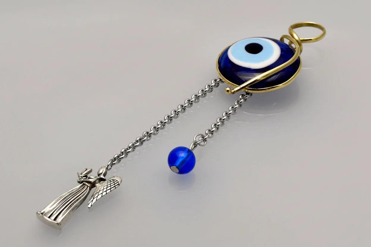 Evil eye protection stone with silver charm, Evil Eye Charm, home décor, gift, Wall Decor, silver charm, Angel Charm