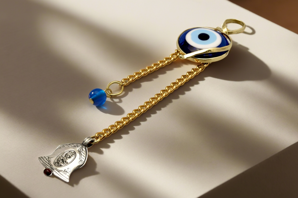 Evil eye protection stone with silver charm, Evil Eye Charm, home décor, gift, Wall Decor, silver charm, Bell Charm