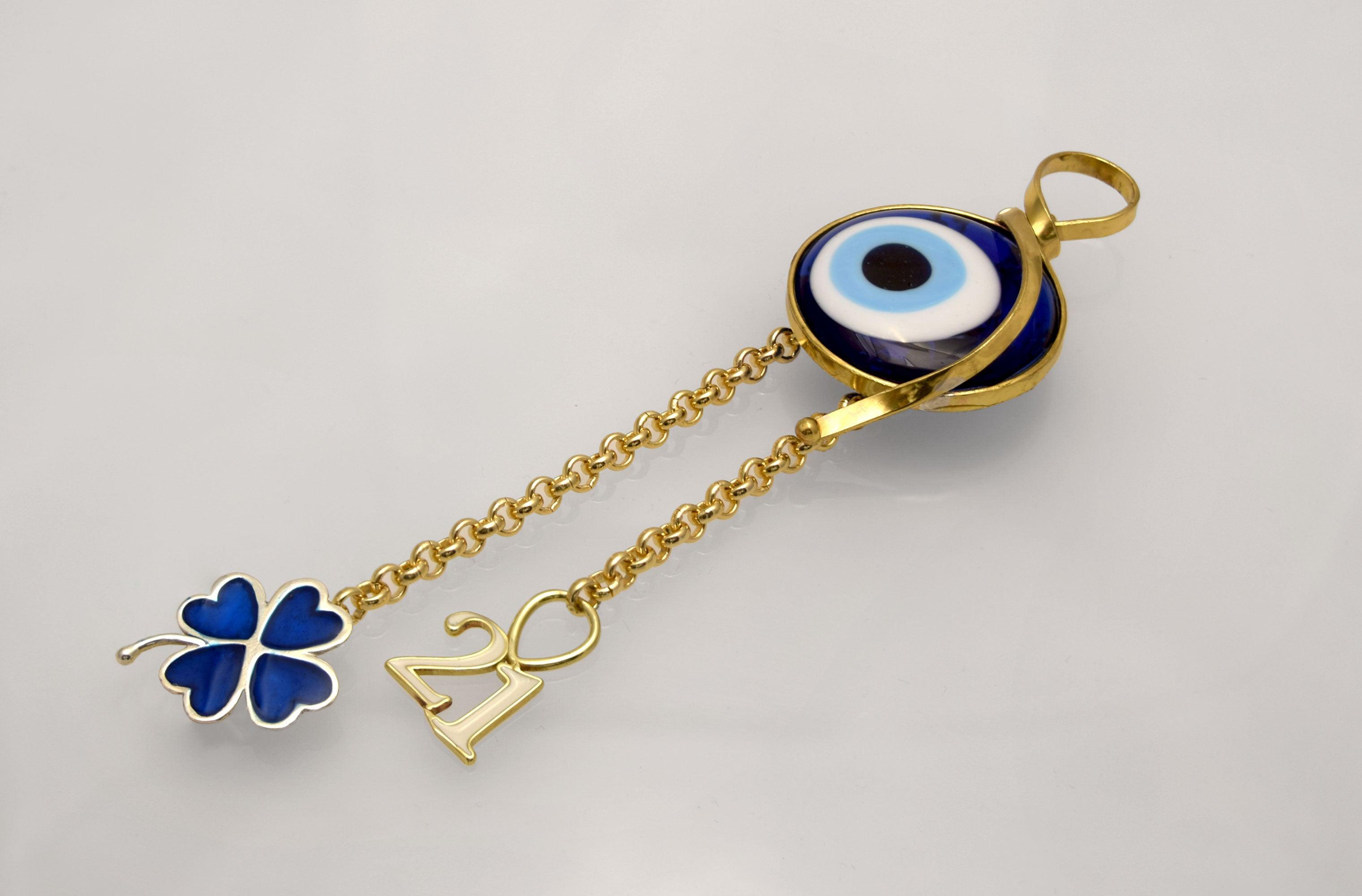 Evil eye protection stone with silver charm, Evil Eye Charm, home décor, gift, Wall Decor, silver charm, Clover Charm - ELEFTHERIOU EL