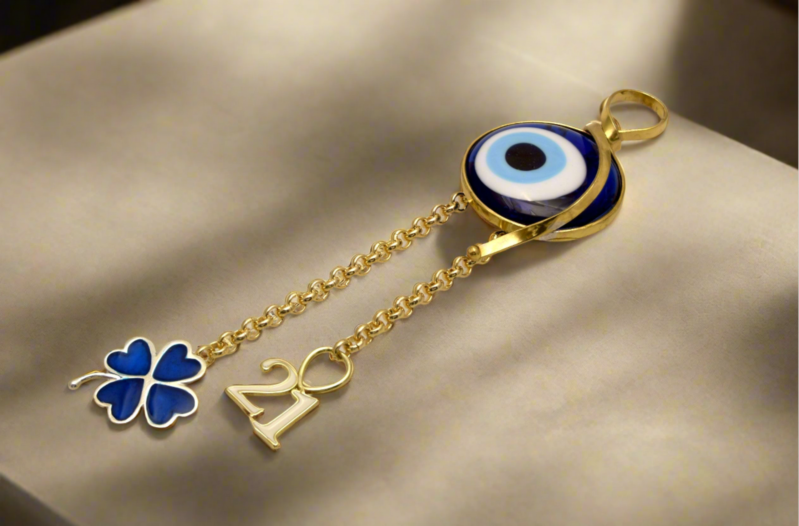Evil eye protection stone with silver charm, Evil Eye Charm, home décor, gift, Wall Decor, silver charm, Clover Charm - ELEFTHERIOU EL