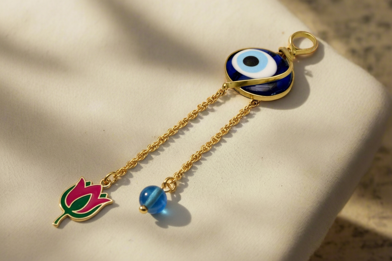 Evil eye protection stone with silver charm, Evil Eye Charm, home décor, gift, Wall Decor, silver charm, Clover Charm