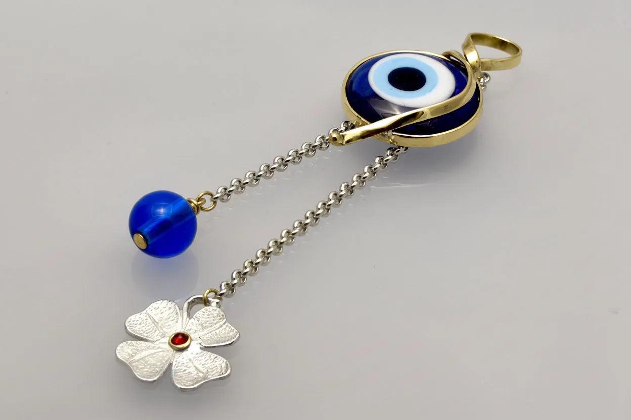 Evil eye protection stone with silver charm, Evil Eye Charm, home décor, gift, Wall Decor, silver charm, Four leaf Clover Charm