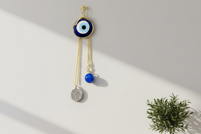 Evil eye protection stone with silver charm, Evil Eye Charm, home décor, gift, Wall Decor, silver charm, Konstantinato Charm