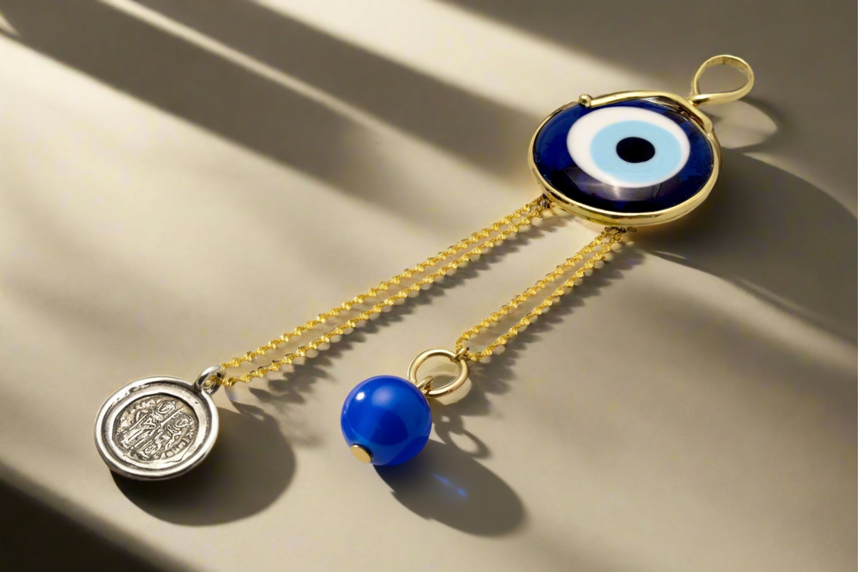 Evil eye protection stone with silver charm, Evil Eye Charm, home décor, gift, Wall Decor, silver charm, Konstantinato Charm